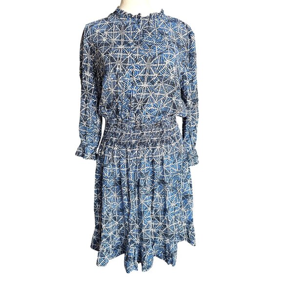 Maje Dress Size 42 / Large Printed Viscose Smocking Ruffle Indigo Black $385 - Picture 1 of 13
